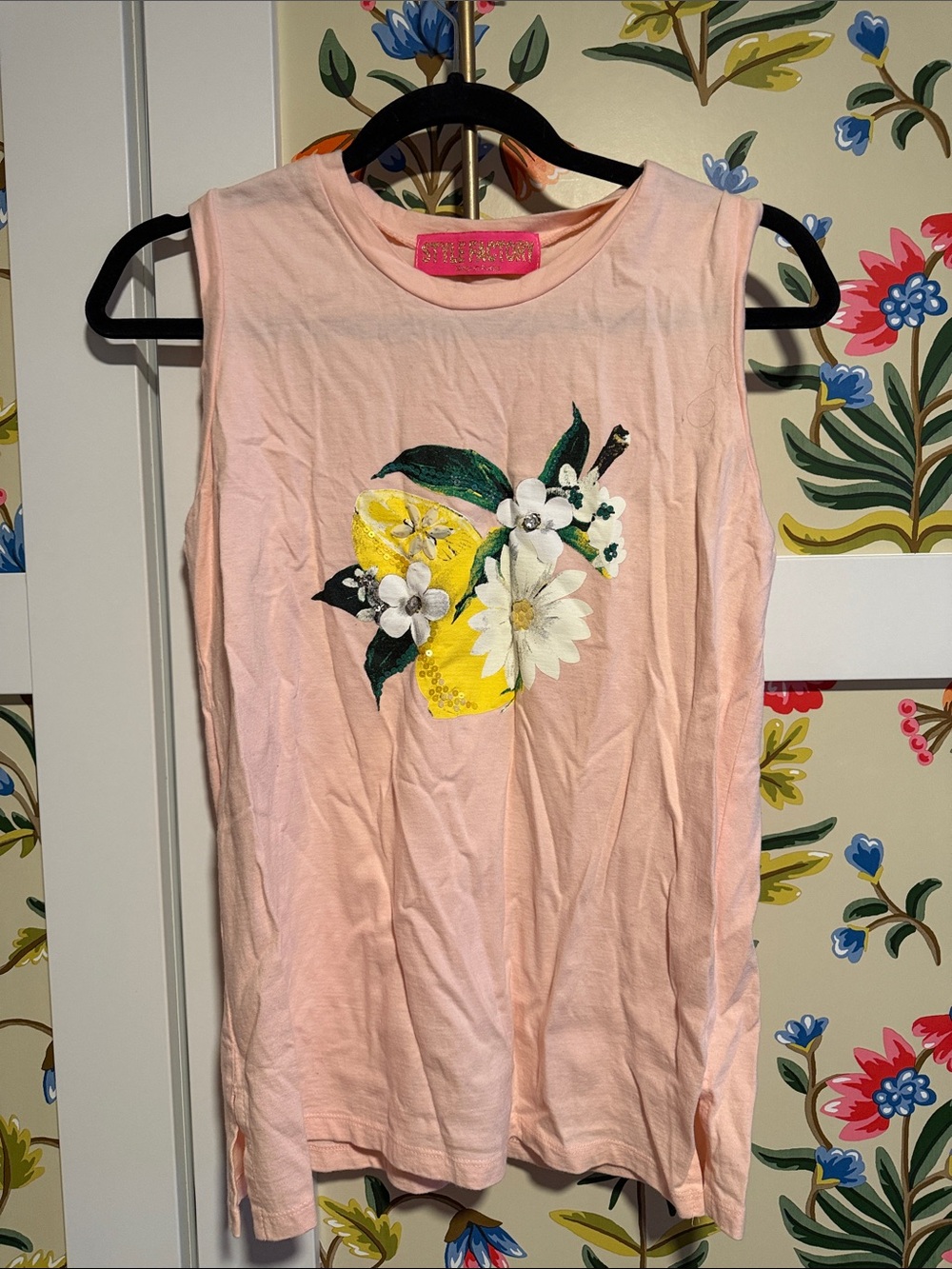 Anthropologie Pale Pink Tank with Lemon & Floral Applique